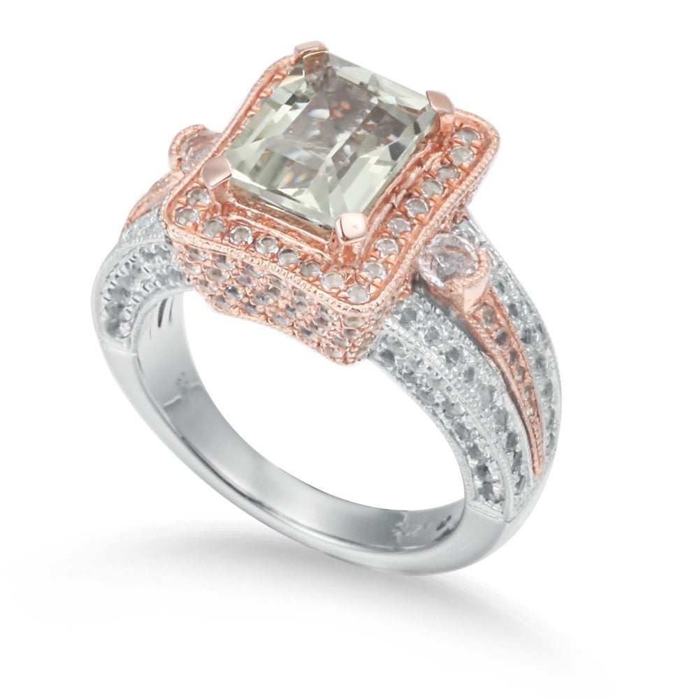 Suzy Levian Sterling Silver 5.5 cttw Green Amethyst Emerald-Cut Ring