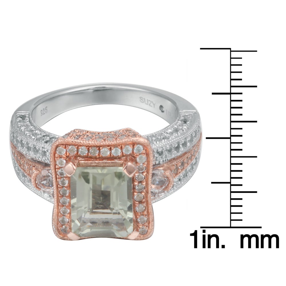 Suzy Levian Sterling Silver 5.5 cttw Green Amethyst Emerald-Cut Ring