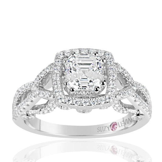 Suzy Levian Sterling Silver Asscher Cut White Cubic Zirconia Engagement Ring