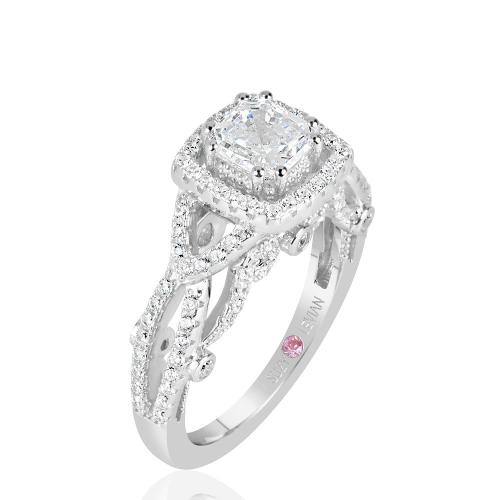 Suzy Levian Sterling Silver Asscher Cut White Cubic Zirconia Engagement Ring