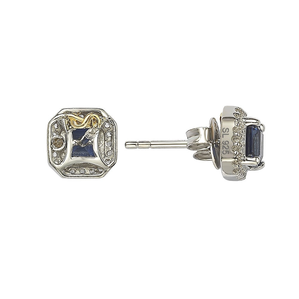 Suzy Levian Sterling Silver Ascher Cut Sapphire Halo Stud Earrings