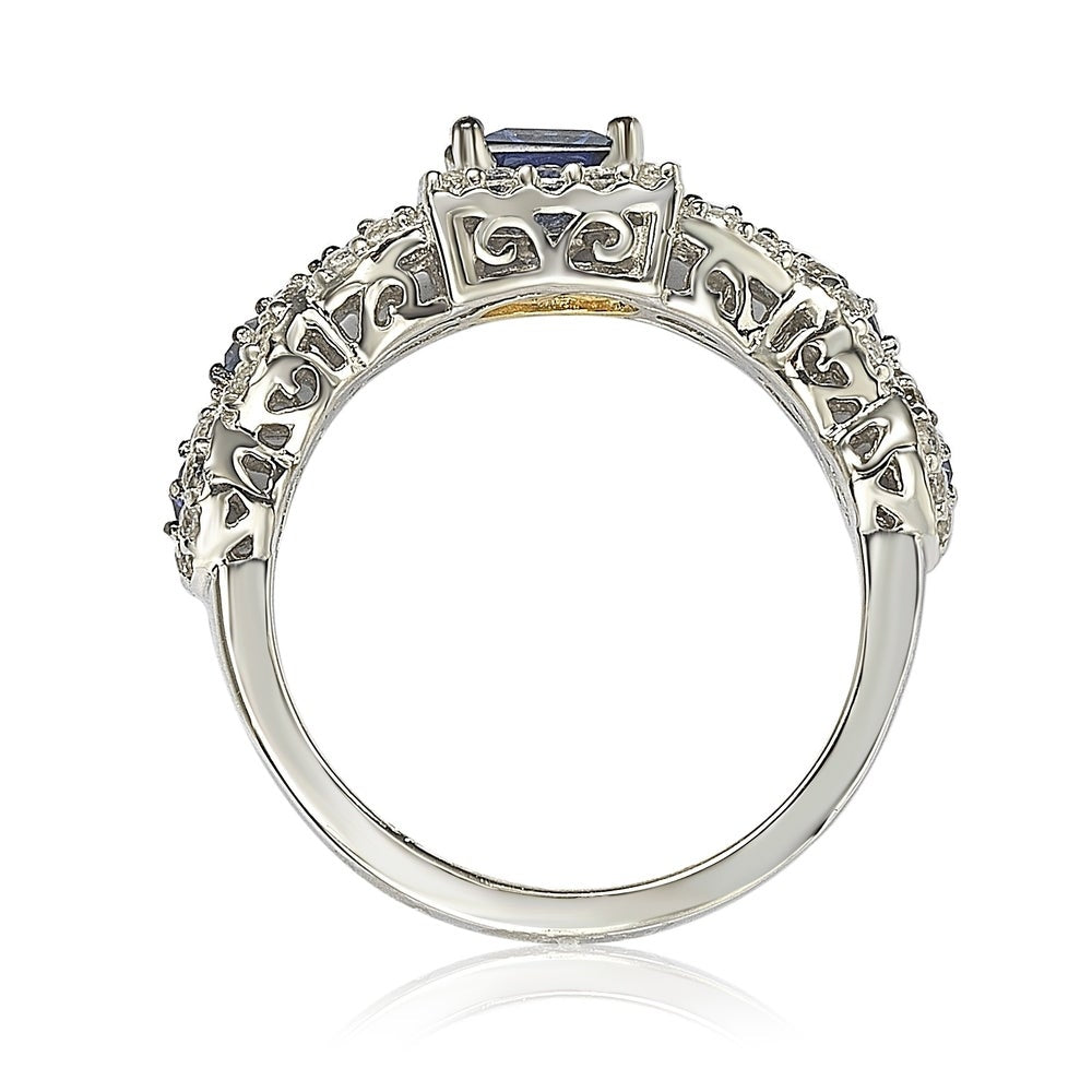 Suzy Levian Sterling Silver Assher Cut Sapphire and Diamond Accent Bridal Engagement Ring