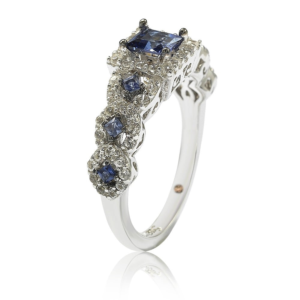 Suzy Levian Sterling Silver Assher Cut Sapphire and Diamond Accent Bridal Engagement Ring
