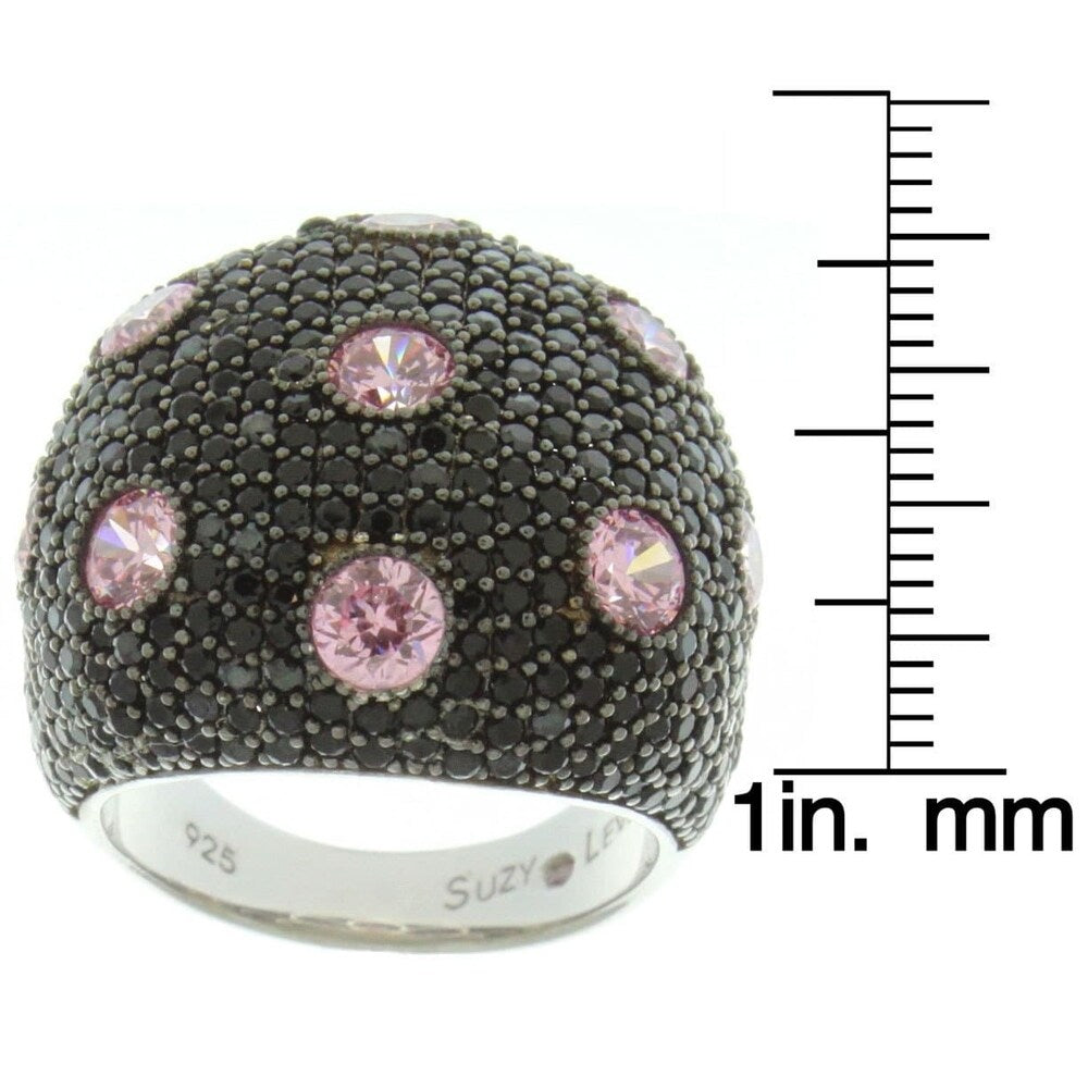 Suzy Levian Sterling Silver Black and Pink Cubic Zirconia Pave Oversized Dome Ring