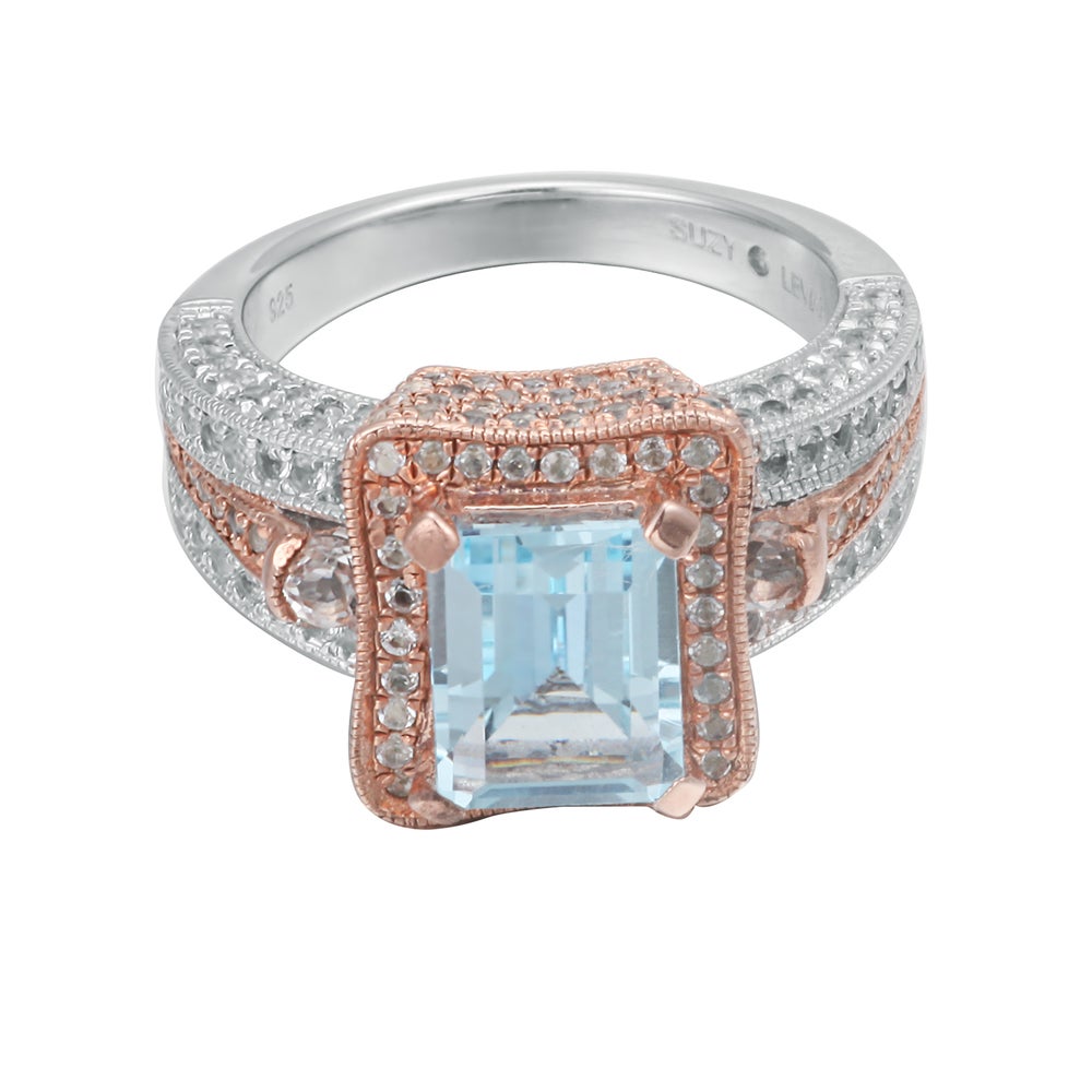 Suzy Levian Sterling Silver Emerald-Cut Blue Topaz 6.15 TCW Ring