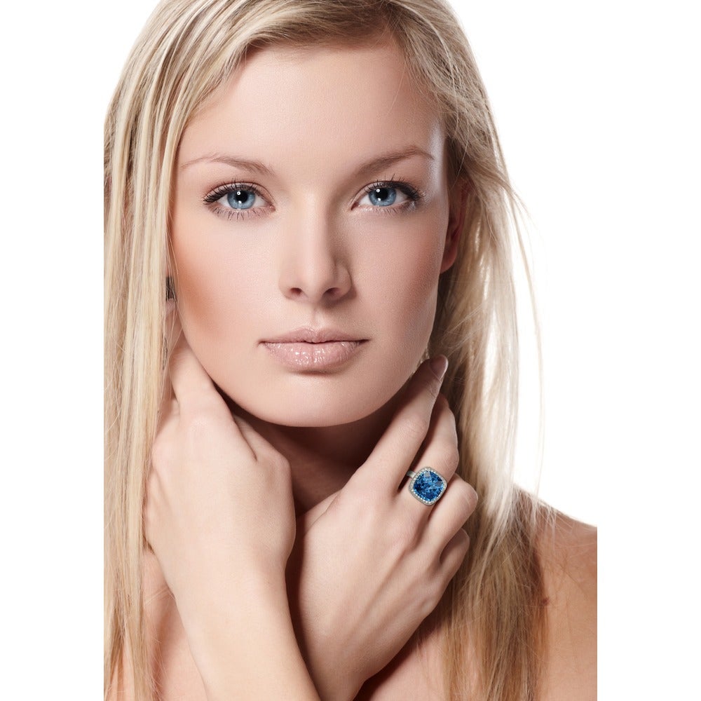 Suzy Levian Sterling Silver Blue and White Cubic Zirconia Halo Ring