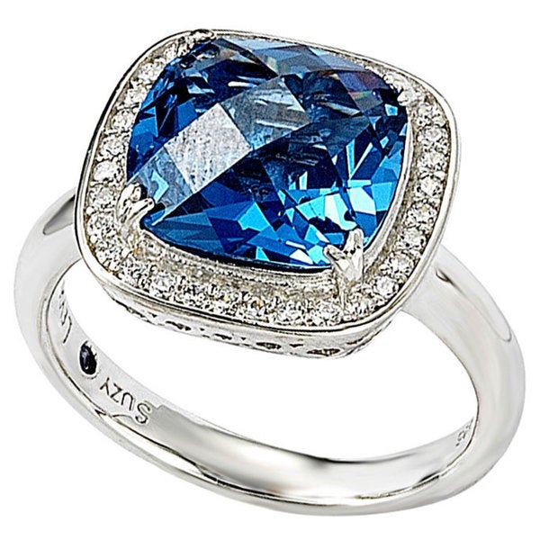 Suzy Levian Sterling Silver Blue and White Cubic Zirconia Halo Ring