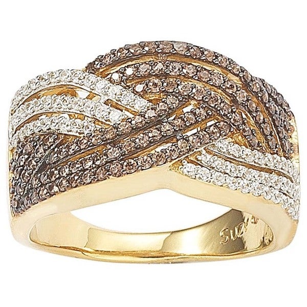 Suzy Levian Sterling Silver Brown and White CZ Crossover Ring