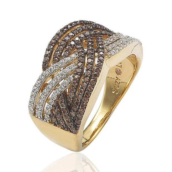 Suzy Levian Sterling Silver Brown and White CZ Crossover Ring