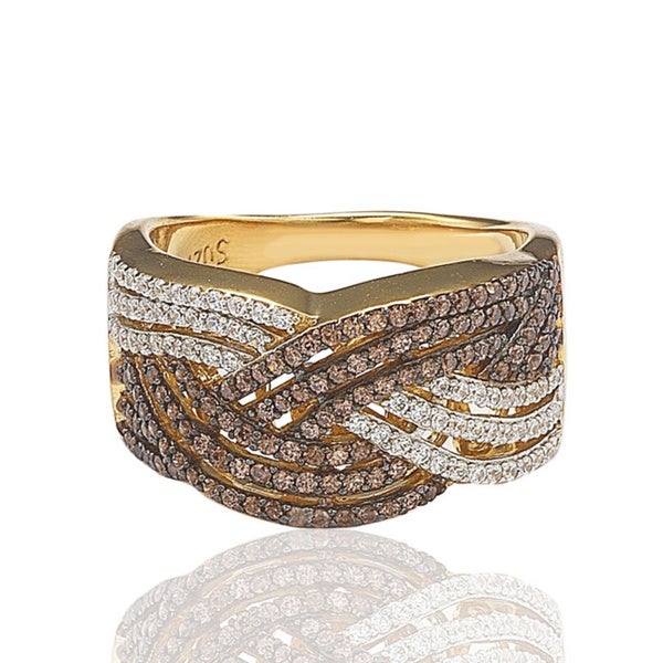 Suzy Levian Sterling Silver Brown and White CZ Crossover Ring