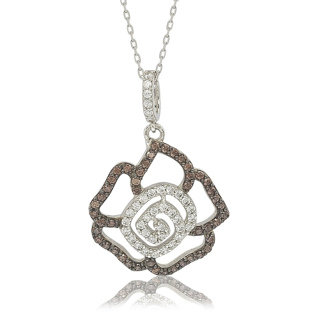 Suzy Levian Sterling Silver Brown and White Cubic Zirconia Flower Pendant