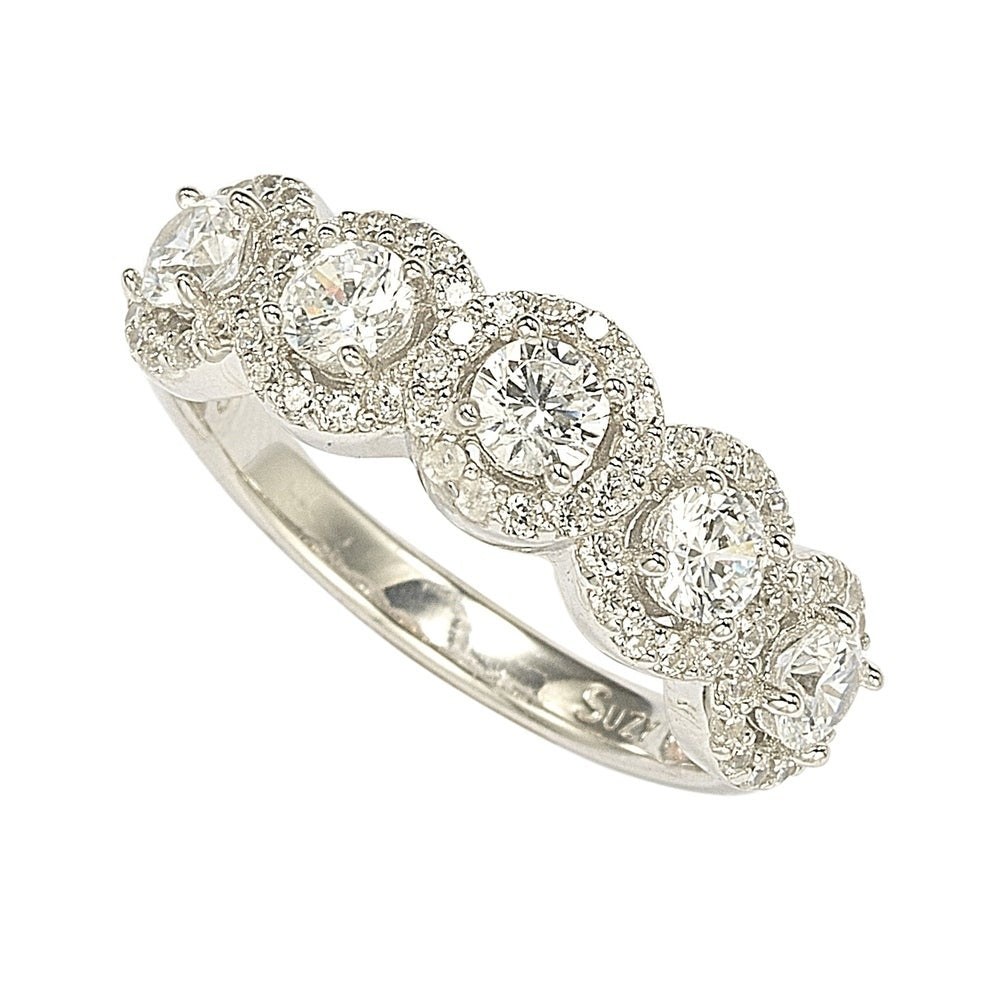 Suzy Levian Sterling Silver Cubic Zirconia 5-Stone Halo Ring