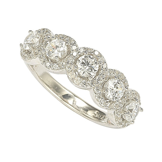 Suzy Levian Sterling Silver Cubic Zirconia 5-Stone Halo Ring