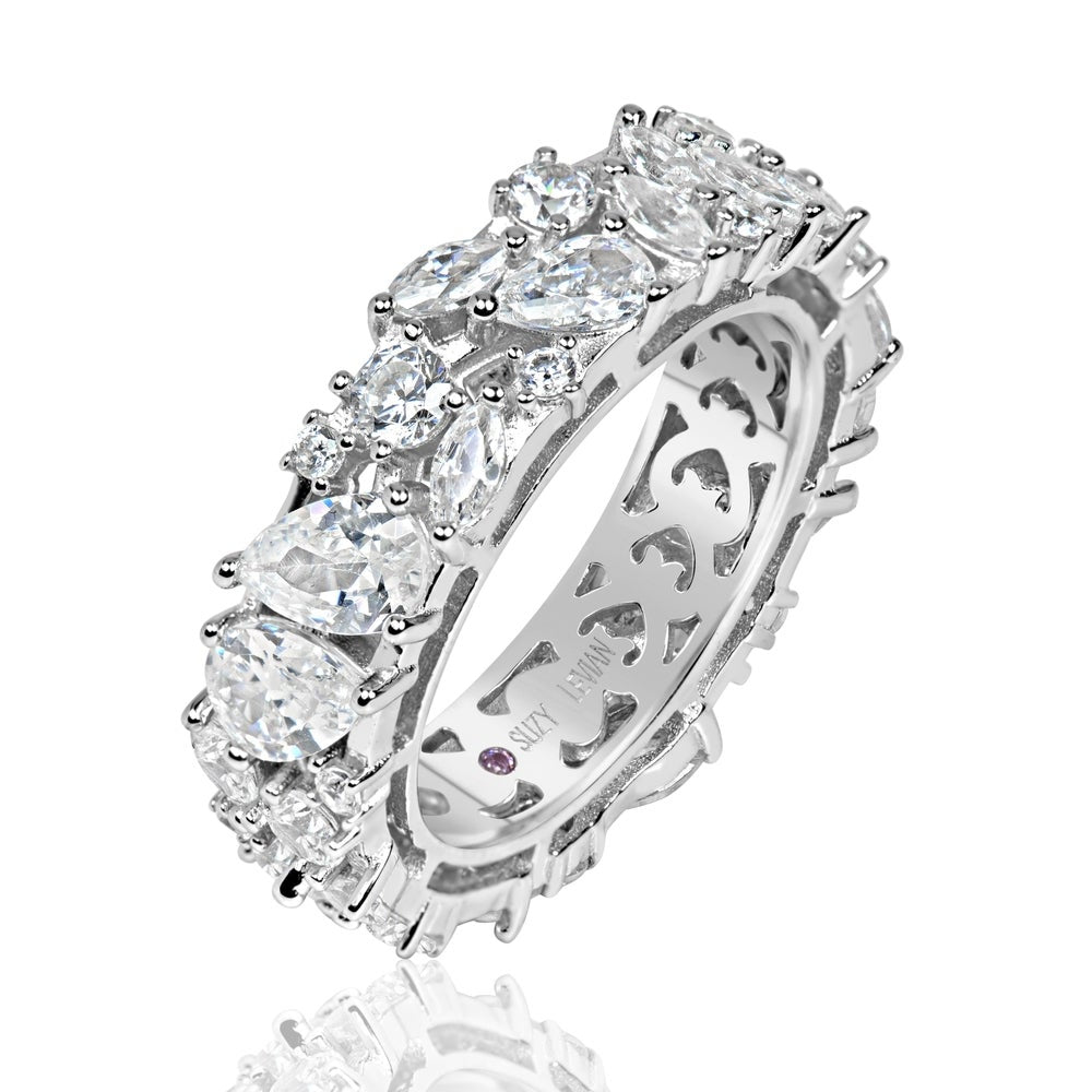 Suzy Levian Sterling Silver Cubic Zirconia Abstract Cluster Eternity Band Ring