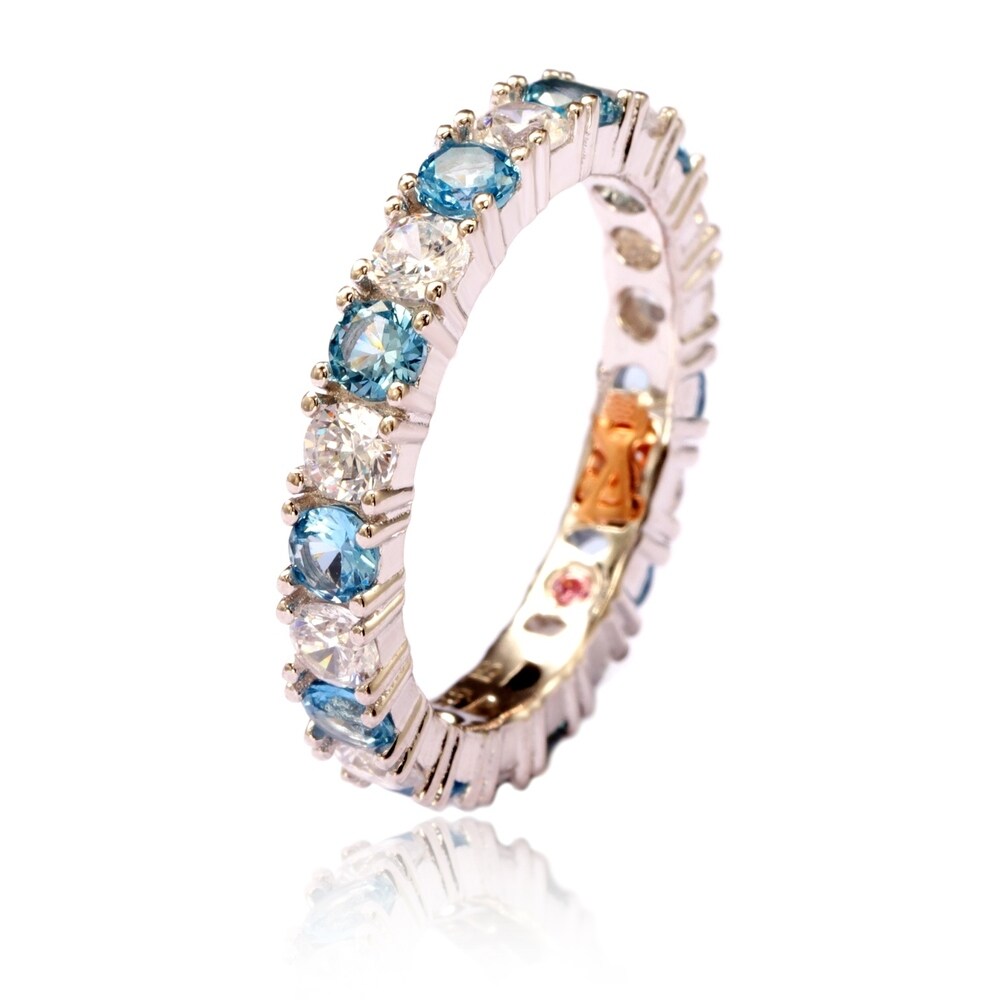 Suzy Levian Sterling Silver Cubic Zirconia Aqua Blue Alternating Eternity Band