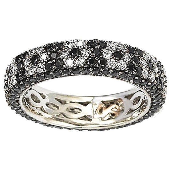 Suzy Levian Sterling Silver Cubic Zirconia Black and White Flower Eternity Band