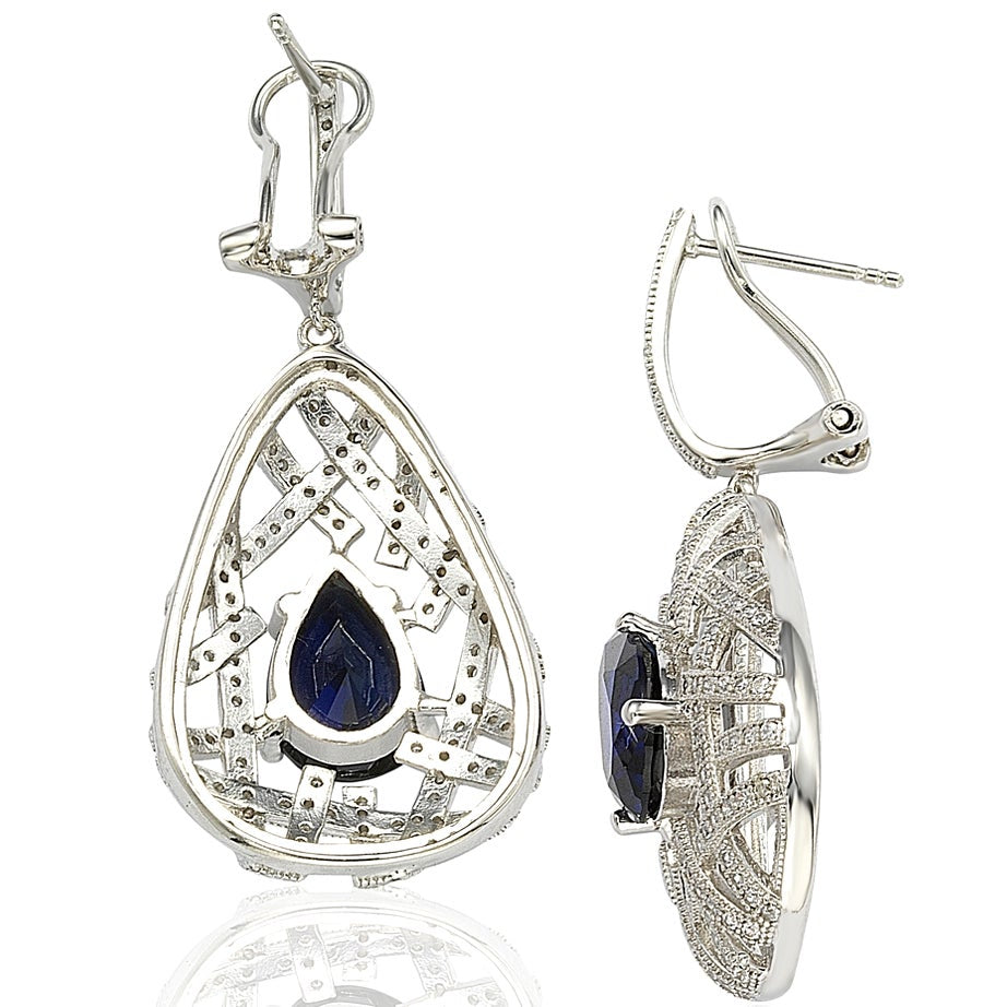 Suzy Levian Sterling Silver Cubic Zirconia Blue Pear Solitaire Earrings