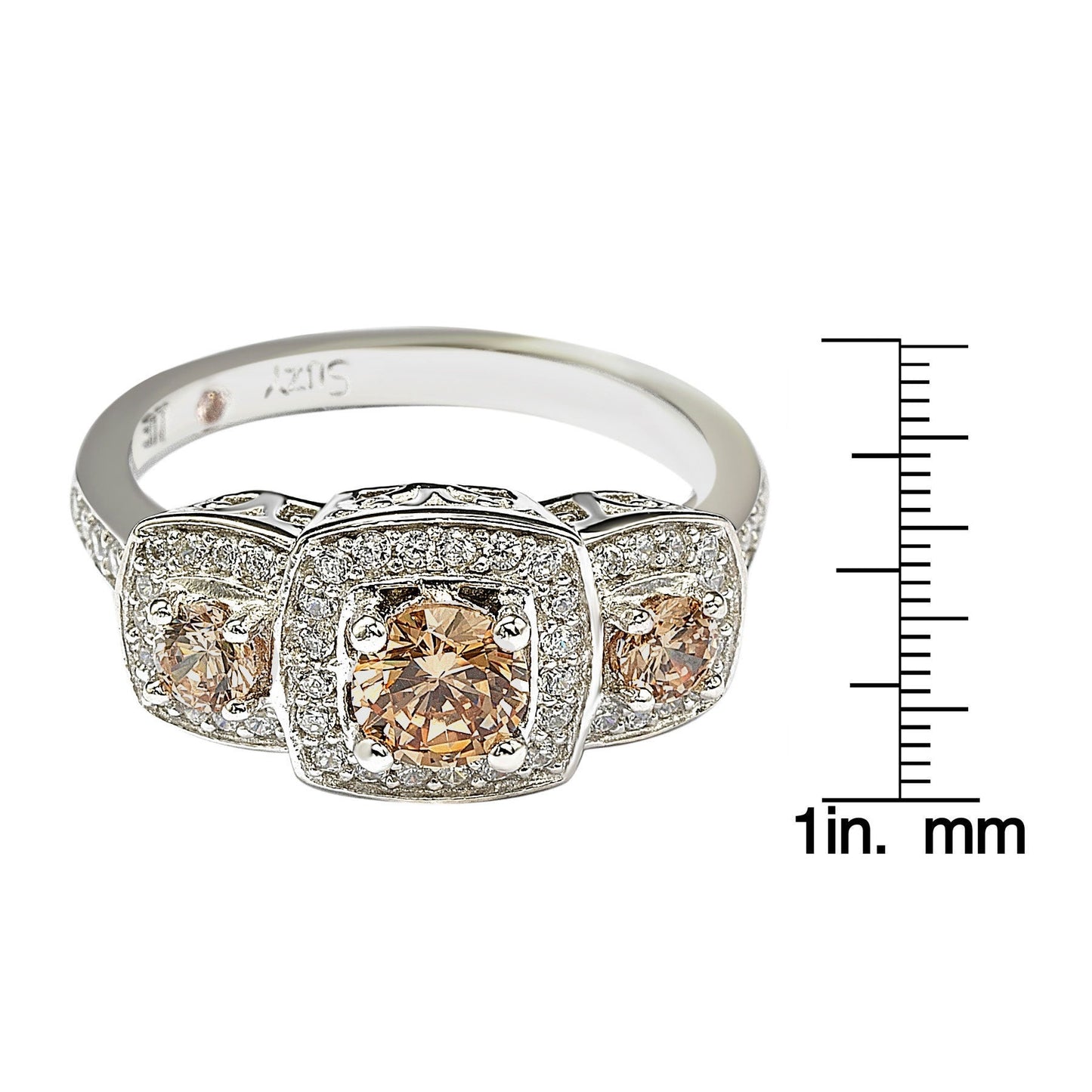 Suzy Levian Sterling Silver Cubic Zirconia Brown Three Stones Halo Engagement Ring
