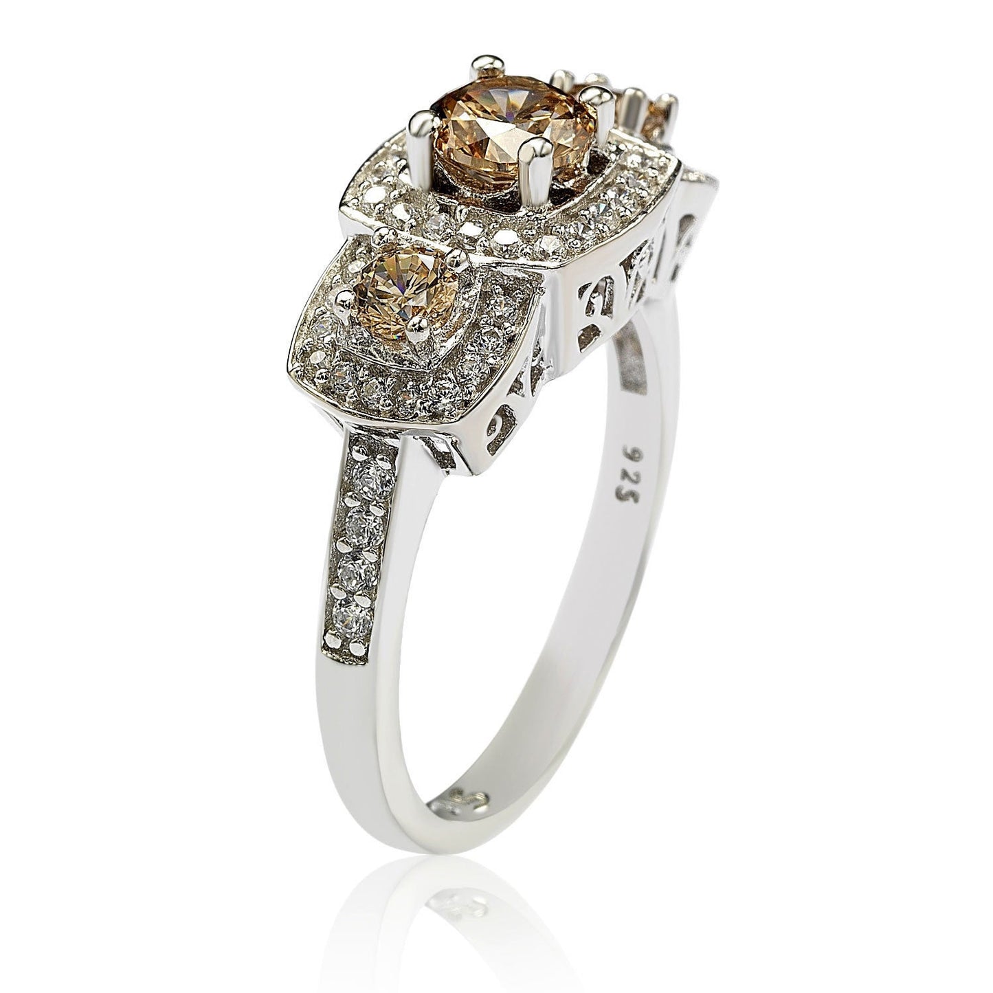 Suzy Levian Sterling Silver Cubic Zirconia Brown Three Stones Halo Engagement Ring
