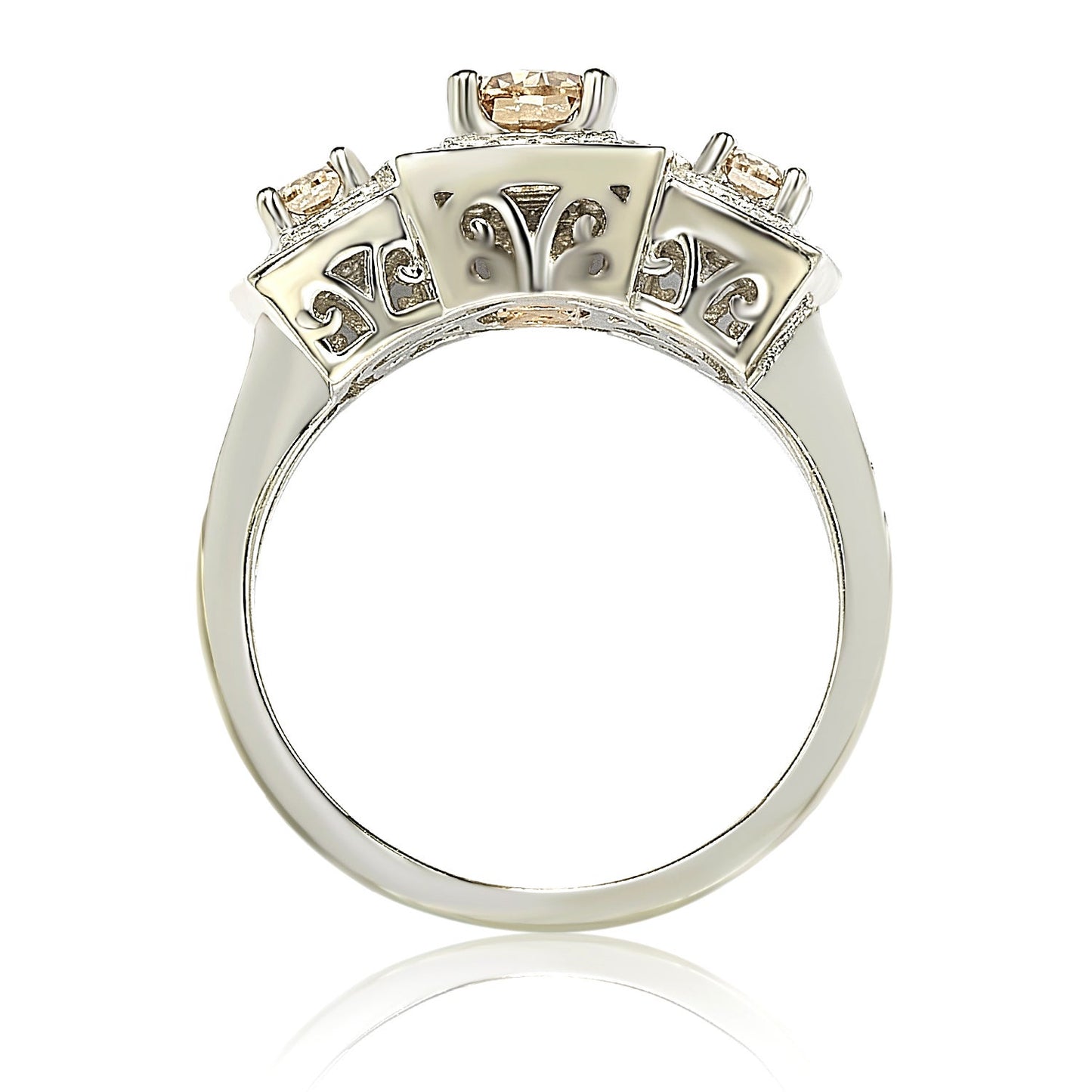 Suzy Levian Sterling Silver Cubic Zirconia Brown Three Stones Halo Engagement Ring