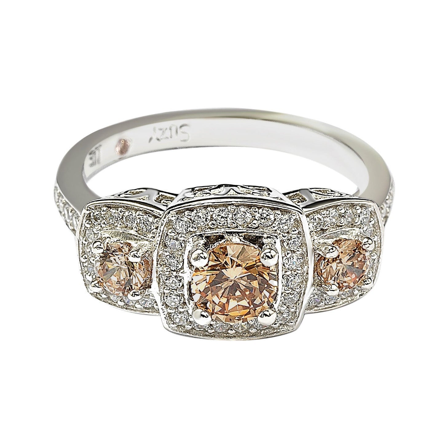 Suzy Levian Sterling Silver Cubic Zirconia Brown Three Stones Halo Engagement Ring