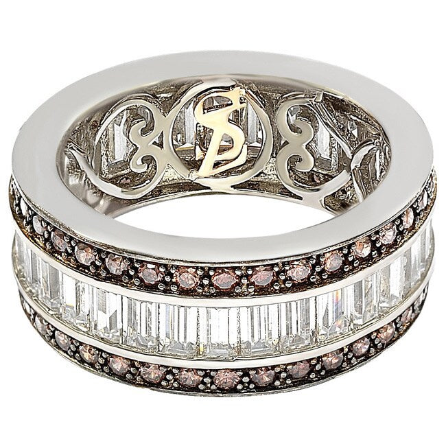 Suzy Levian Sterling Silver Cubic Zirconia Brown and White Baguette Eternity Band