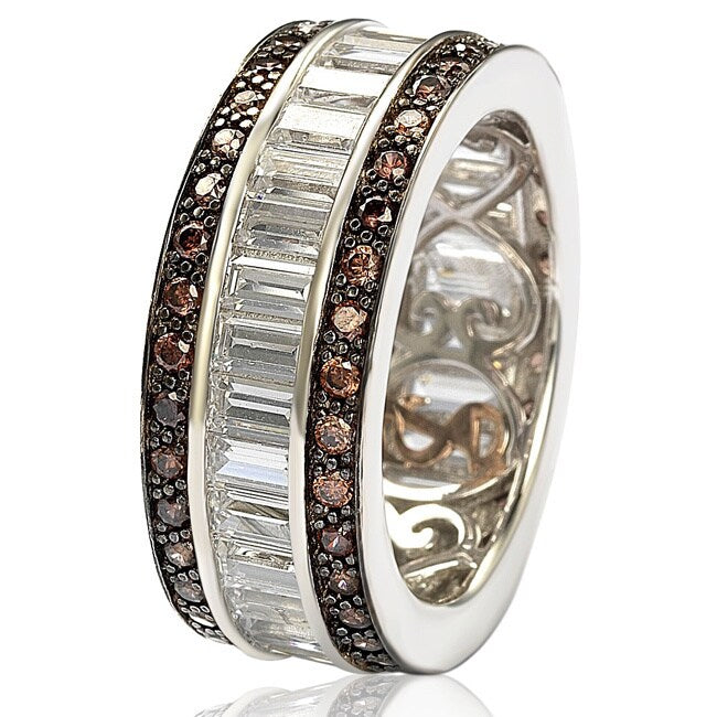 Suzy Levian Sterling Silver Cubic Zirconia Brown and White Baguette Eternity Band