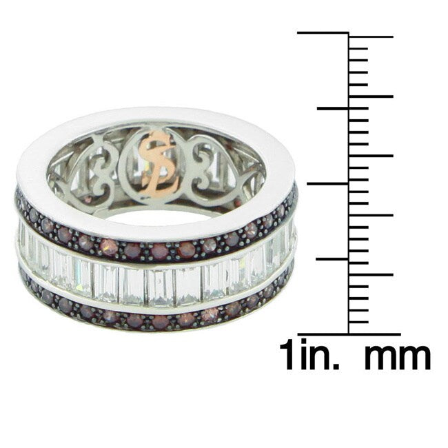 Suzy Levian Sterling Silver Cubic Zirconia Brown and White Baguette Eternity Band