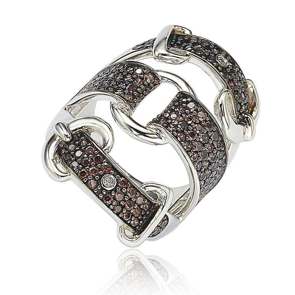 Suzy Levian Sterling Silver Cubic Zirconia Brown and White Buckle Ring