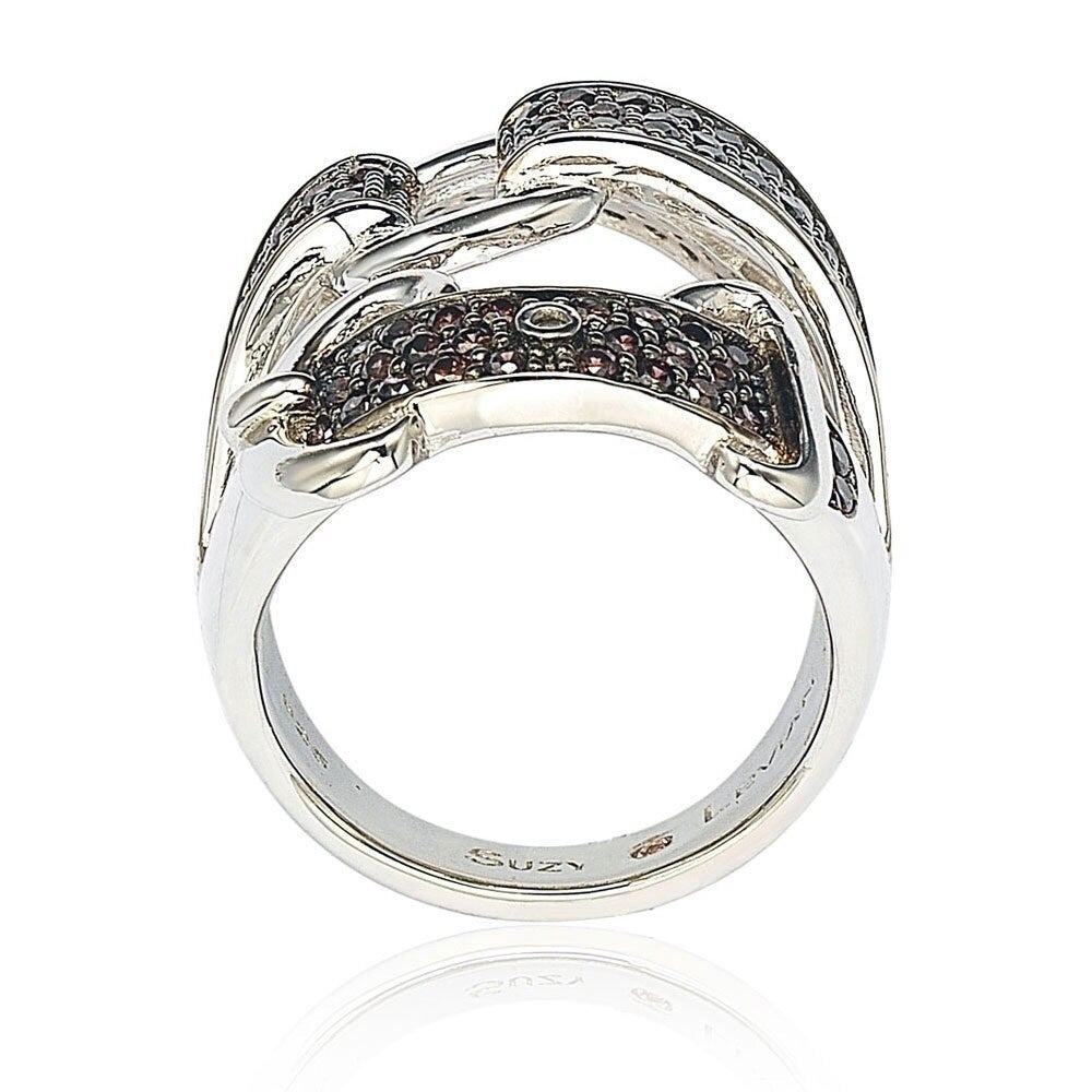 Suzy Levian Sterling Silver Cubic Zirconia Brown and White Buckle Ring