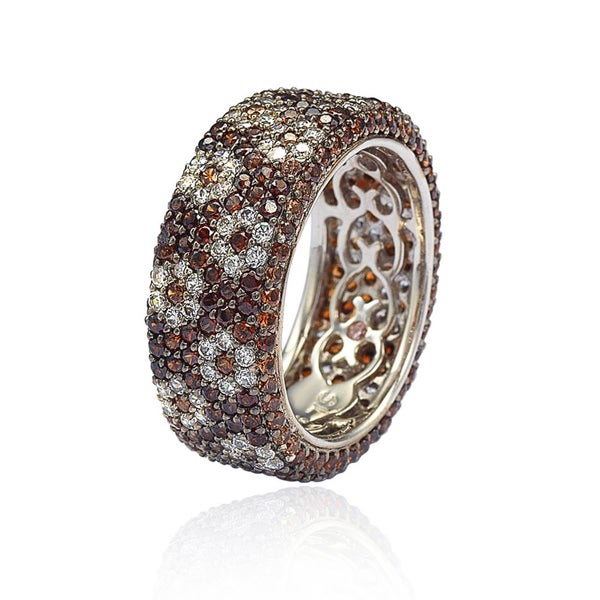 Suzy Levian Sterling Silver Cubic Zirconia Brown and White Flower Eternity Band