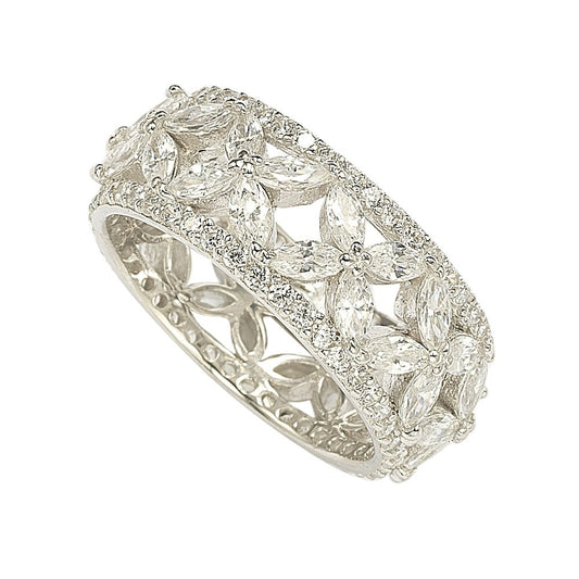 Suzy Levian Sterling Silver Cubic Zirconia Floral Eternity Band