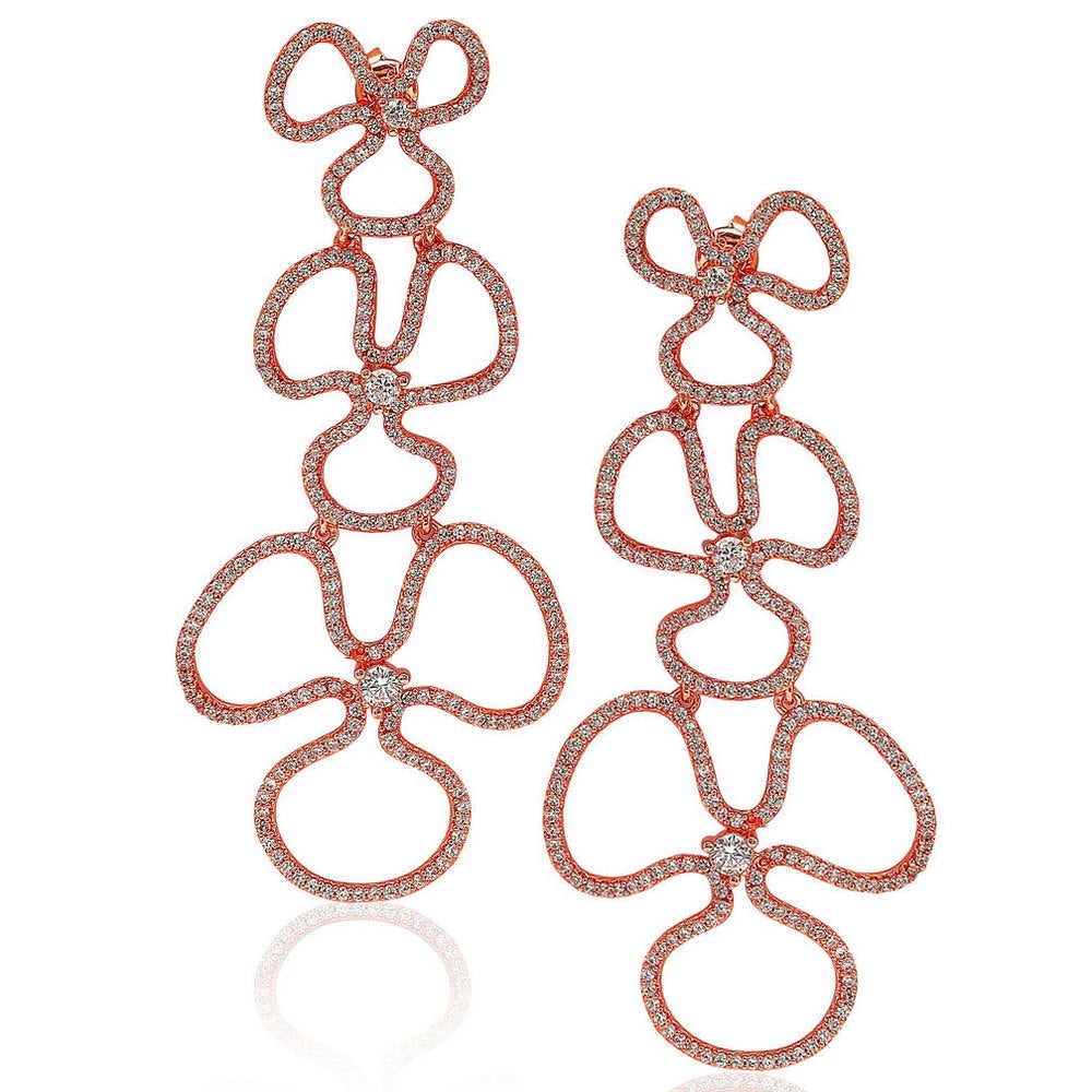 Suzy Levian Rosed Sterling Silver Cubic Zirconia Flower Drop Dangle Earrings