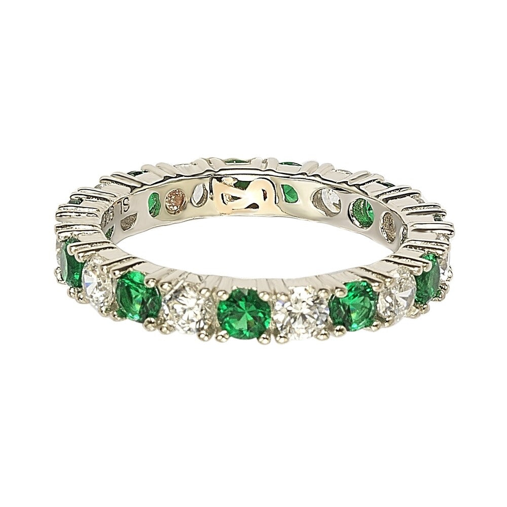 Suzy Levian Sterling Silver Cubic Zirconia Green Emerald Alternating Eternity Band