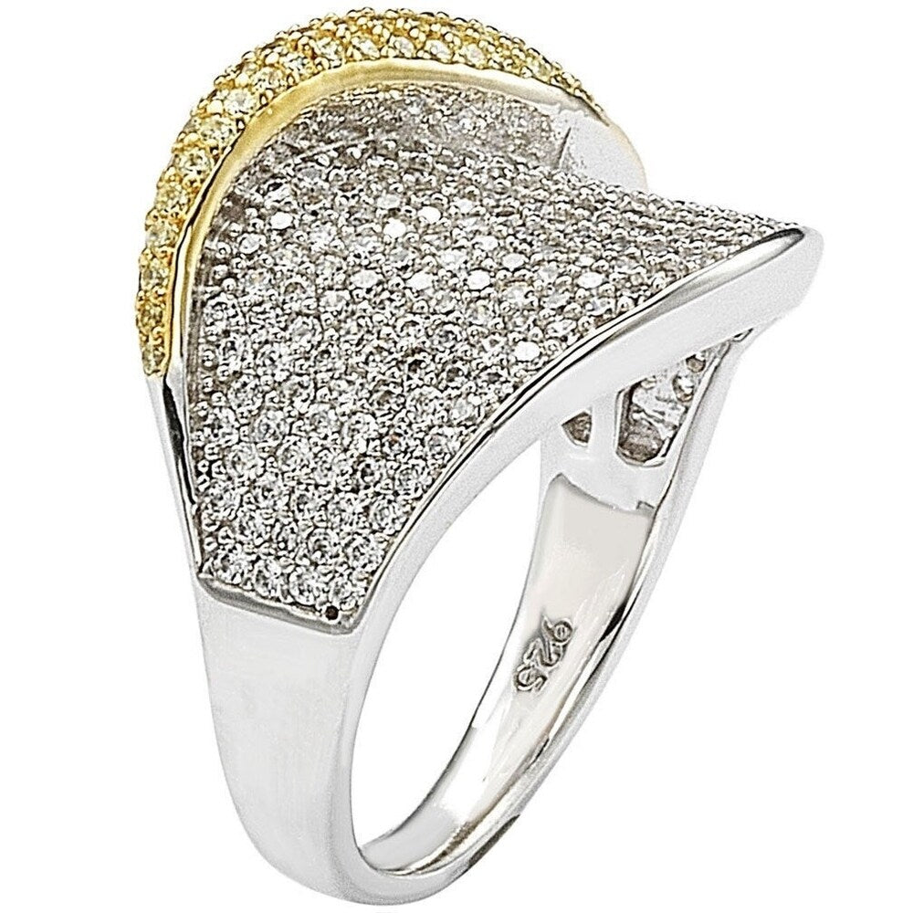 Suzy Levian Sterling Silver Cubic Zirconia Pave Yellow and White Curvy Ring