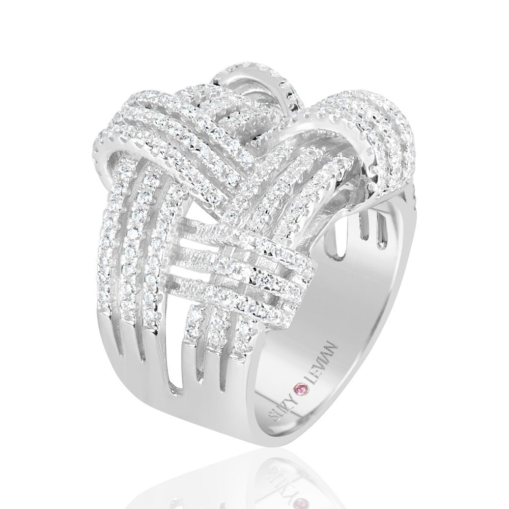 Suzy Levian Sterling Silver Cubic Zirconia Weaving Wide Band Ring