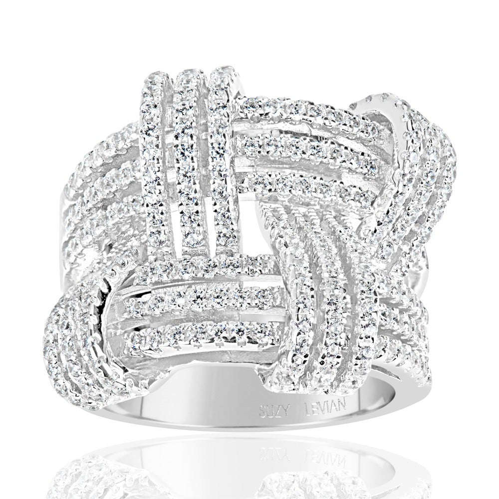 Suzy Levian Sterling Silver Cubic Zirconia Weaving Wide Band Ring
