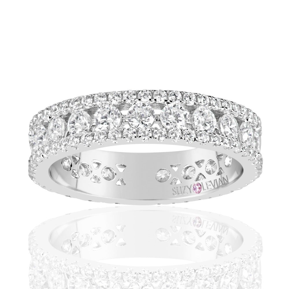 Suzy Levian Sterling Silver Cubic Zirconia White Three Row Modern Eternity Band