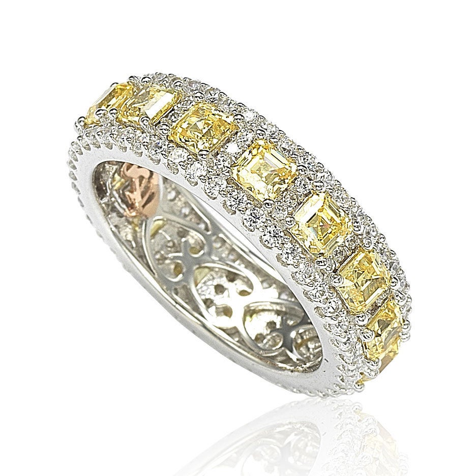 Suzy Levian Sterling Silver Cubic Zirconia Yellow and White Modern Eternity Band