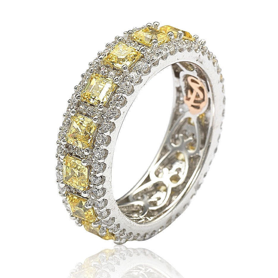 Suzy Levian Sterling Silver Cubic Zirconia Yellow and White Modern Eternity Band