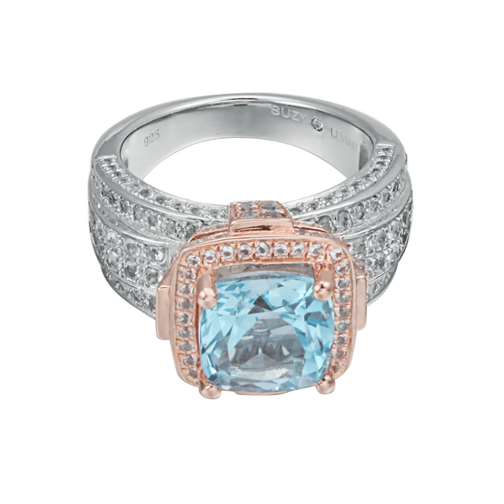 Suzy Levian Sterling Silver Cushion 6.5 cttw Blue and White Topaz Ring