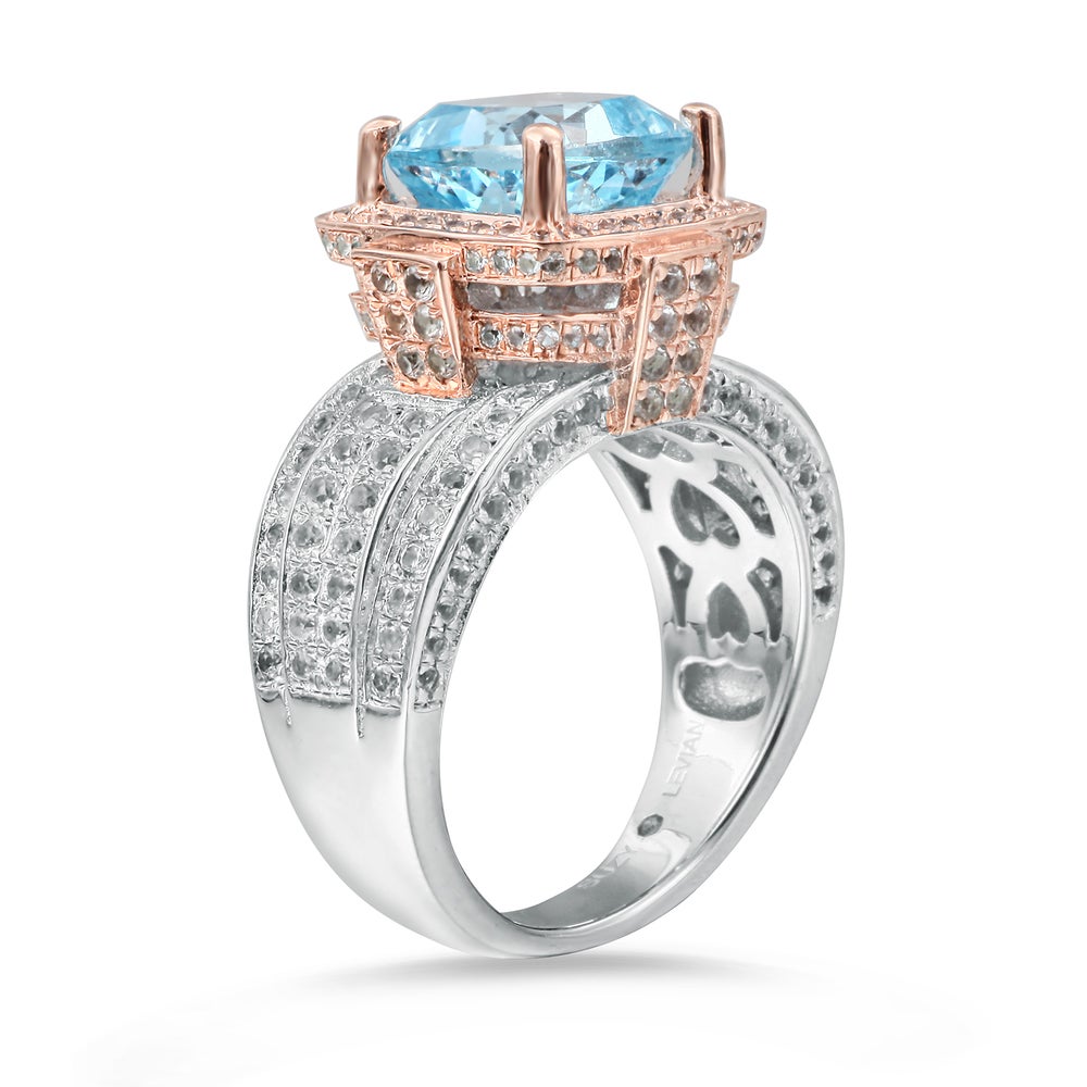 Suzy Levian Sterling Silver Cushion 6.5 cttw Blue and White Topaz Ring