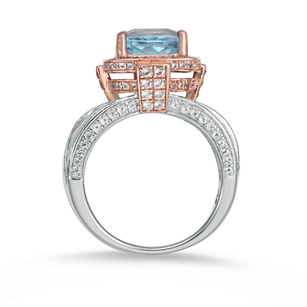 Suzy Levian Sterling Silver Cushion 6.5 cttw Blue and White Topaz Ring