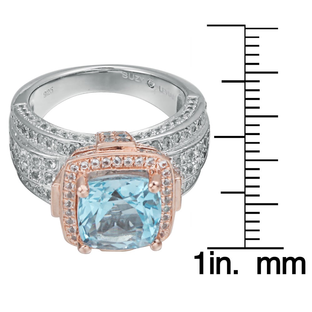 Suzy Levian Sterling Silver Cushion 6.5 cttw Blue and White Topaz Ring