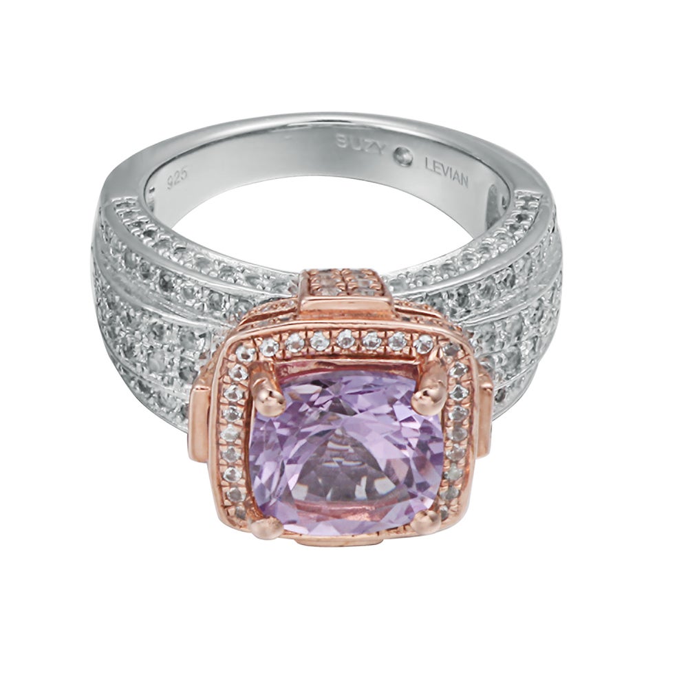 Suzy Levian Sterling Silver Cushion Purple Amethyst 5.05 cttw Ring