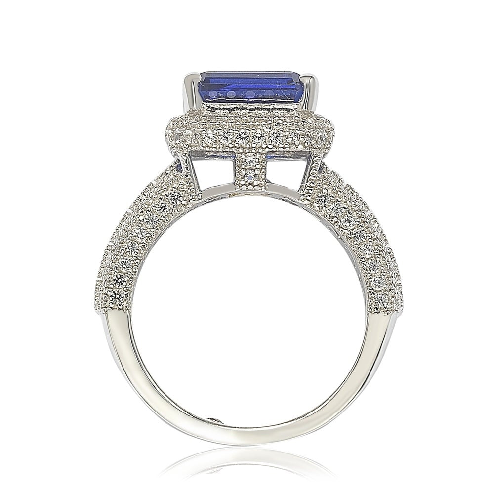 Suzy Levian Sterling Silver Emerald-Cut Sapphire & Diamond Accent Ring with 18k Gold Logo