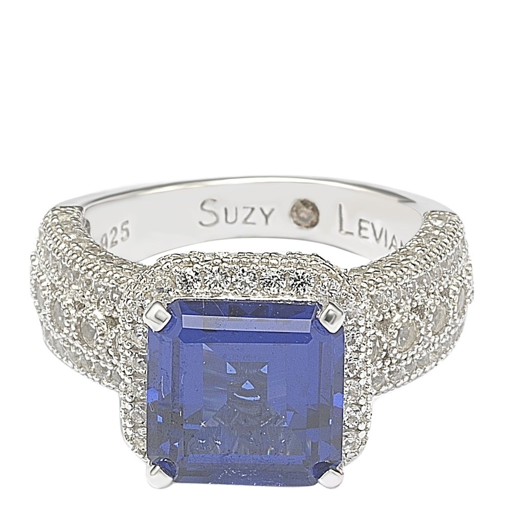 Suzy Levian Sterling Silver Emerald-Cut Sapphire & Diamond Accent Ring with 18k Gold Logo