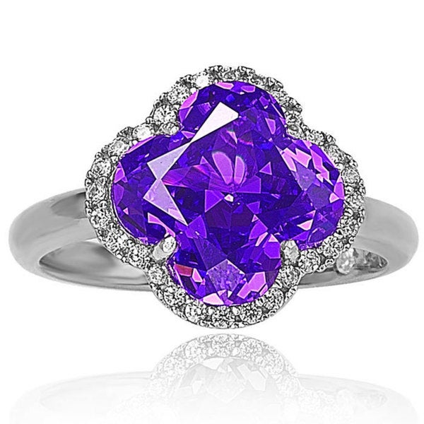 Suzy Levian Sterling Silver Purple Cubic Zirconia Halo Ring
