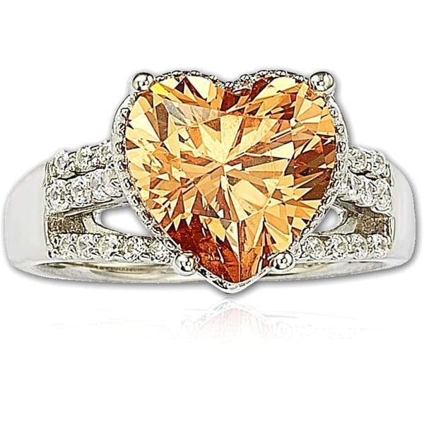 Suzy Levian Sterling Silver Heart-shape Orange Cubic Zirconia Ring