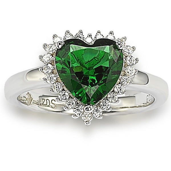 Suzy Levian Sterling Silver Heart-shaped Green Cubic Zirconia Ring